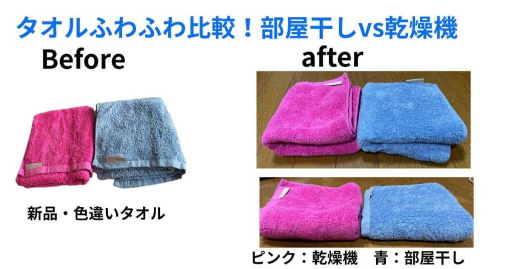 タオルの部屋干しと乾燥機でのふわふわ具合の比較写真