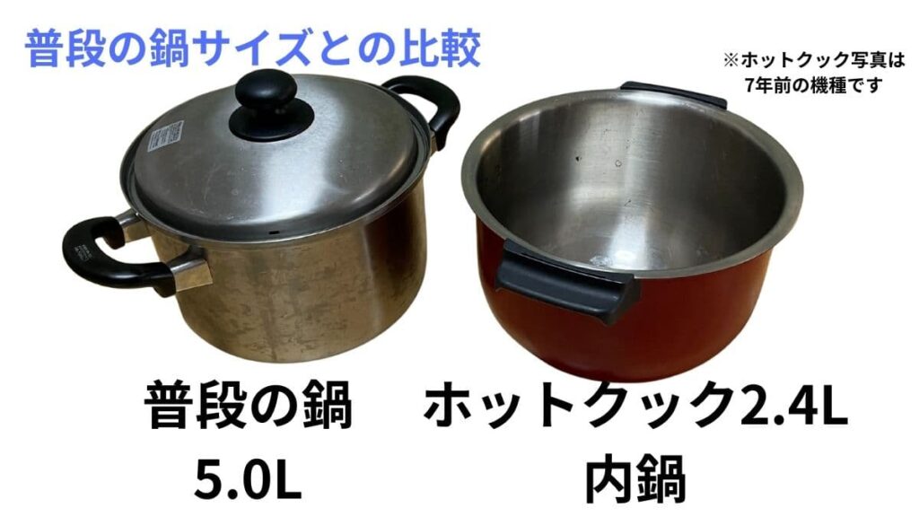 ホットクック選び方2
普段の鍋のサイズとの比較写真
普段の鍋5L
ホットクック2.4Lタイプ内鍋
