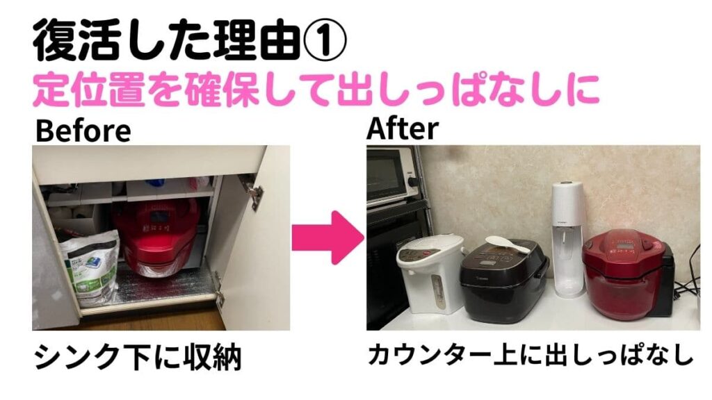 ホットクックをやめていたけど、復活した理由1
シンク下に収納から、出しっぱなしに変えた