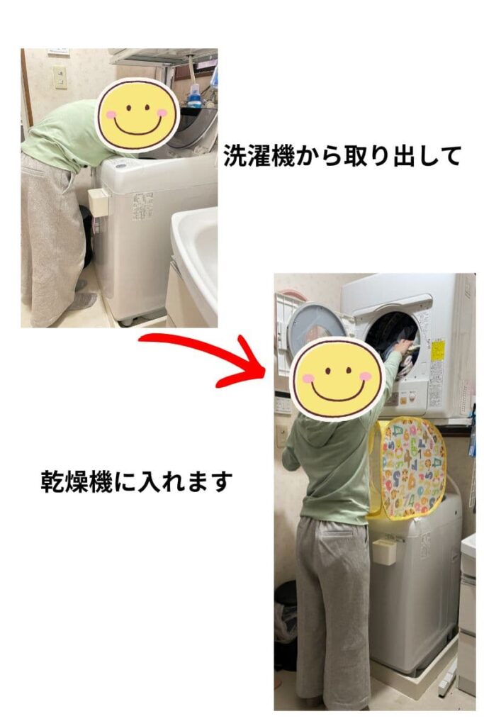 洗濯機から洗濯物を取り出して、乾燥機に入れている様子の写真