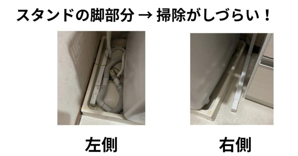 乾燥機スタンドの脚部分の拡大写真:掃除しづらいことを示す写真