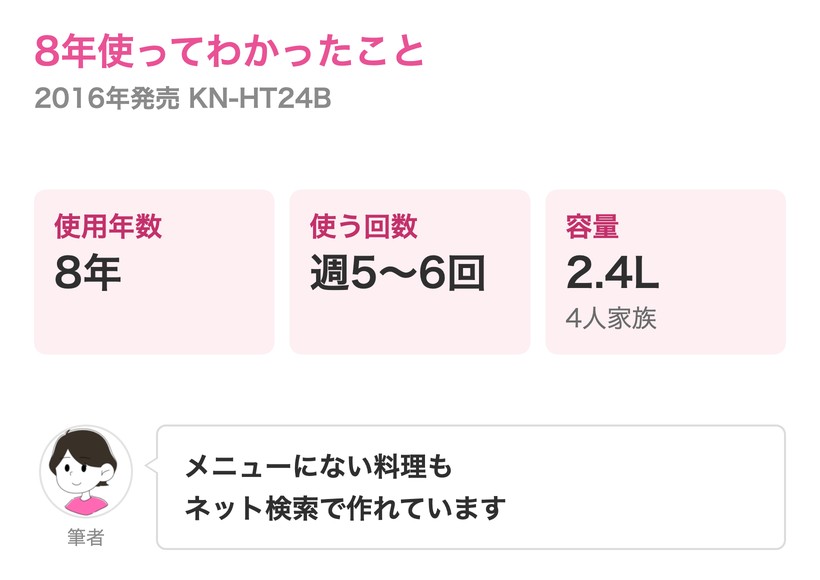 筆者は2016年発売のKN-HT24Bを8年間、週5〜6回使っている。容量は2.4Lで4人家族。本体のメニューにない料理もネットで検索して似たモードで作っている